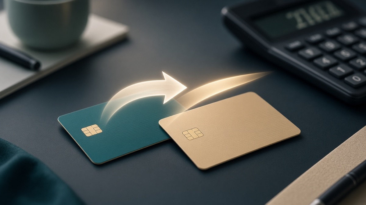 Credit card balance transfer concept with calculator and statements
