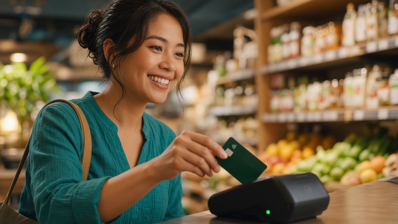 Person using a cash-back credit card at a grocery checkout