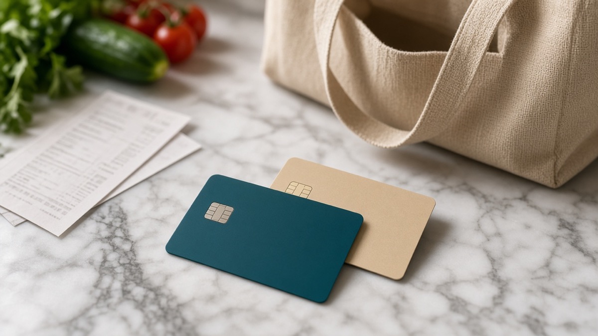 Credit cards and cash-back rewards concept on a shopping counter