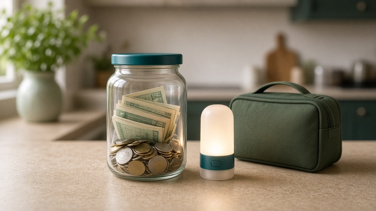 Jar of emergency savings cash beside a household budget planner
