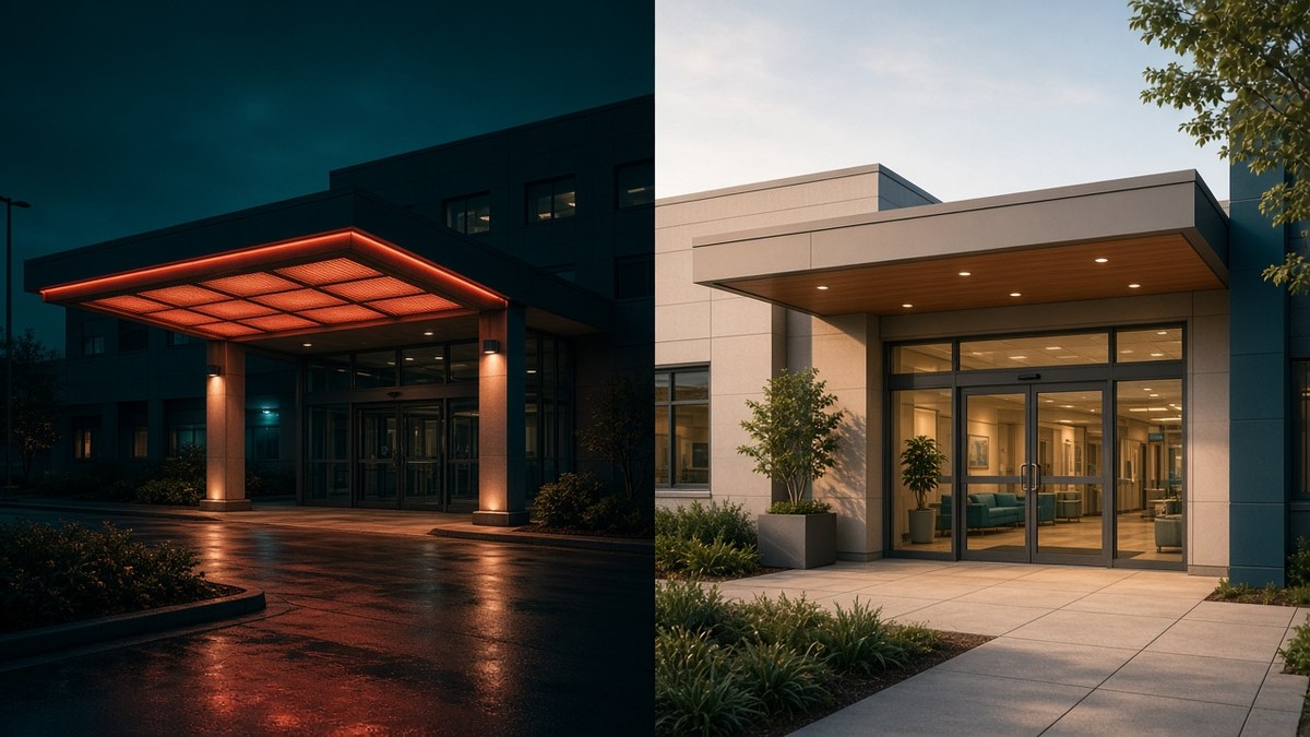 Emergency room entrance compared with urgent care clinic exterior