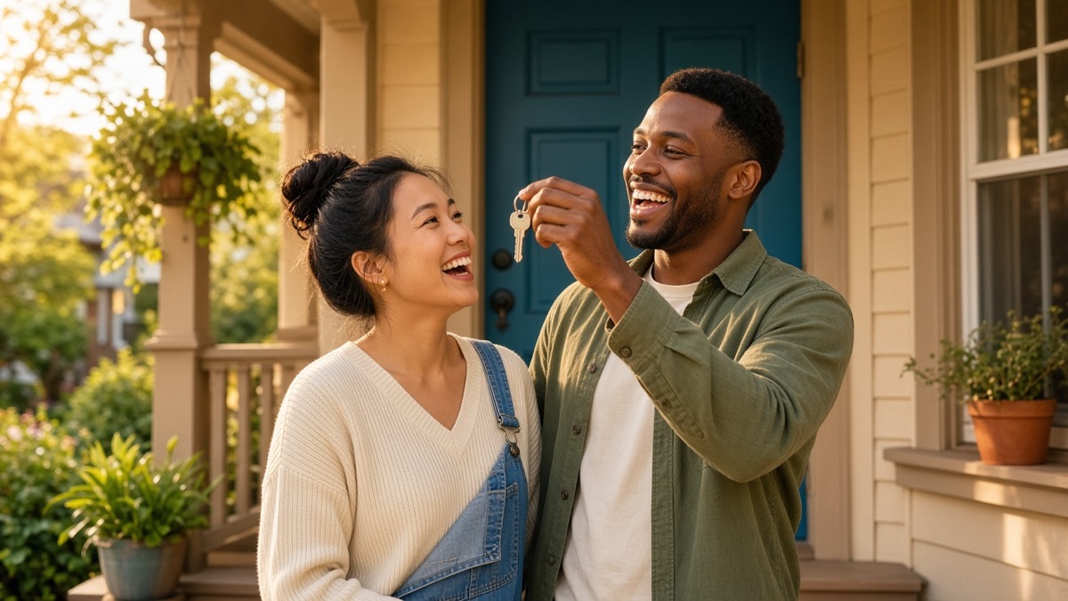 First-time homebuyers reviewing mortgage paperwork outside a house