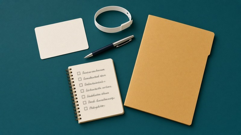 Checklist and hospital wristband beside an insurance card