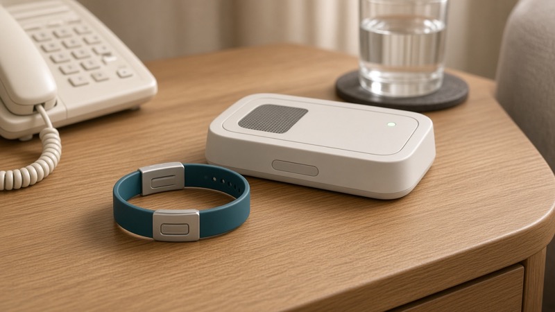 Medical alert base station and wearable help button on a home table