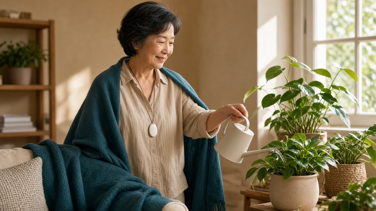 Senior wearing a medical alert button device at home