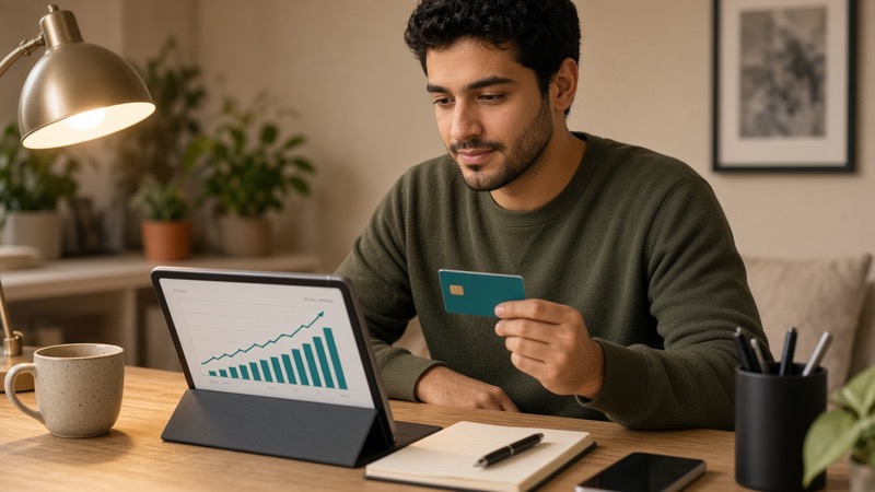 Person checking a rising credit score on a phone after secured card use