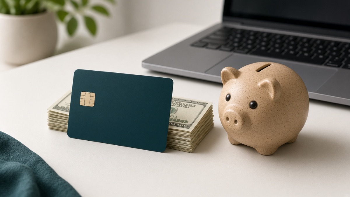 Secured credit card and piggy bank representing credit building
