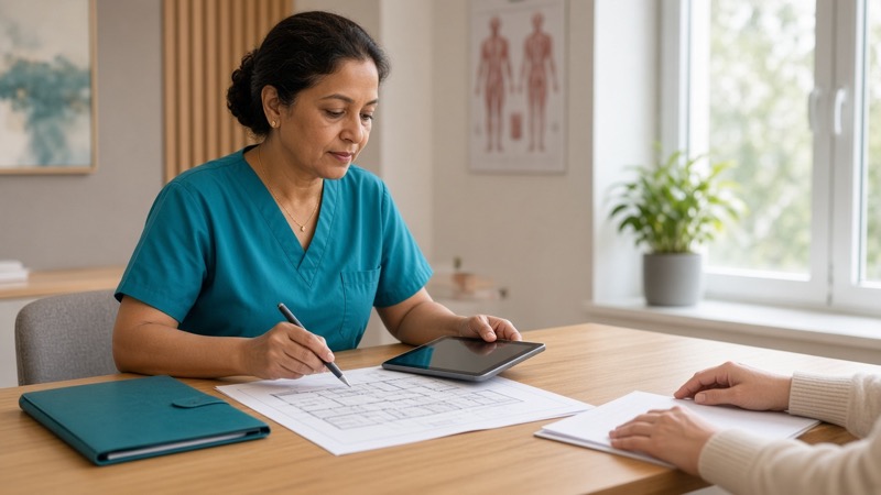 Patient reviewing hospital quality ratings on a tablet before surgery